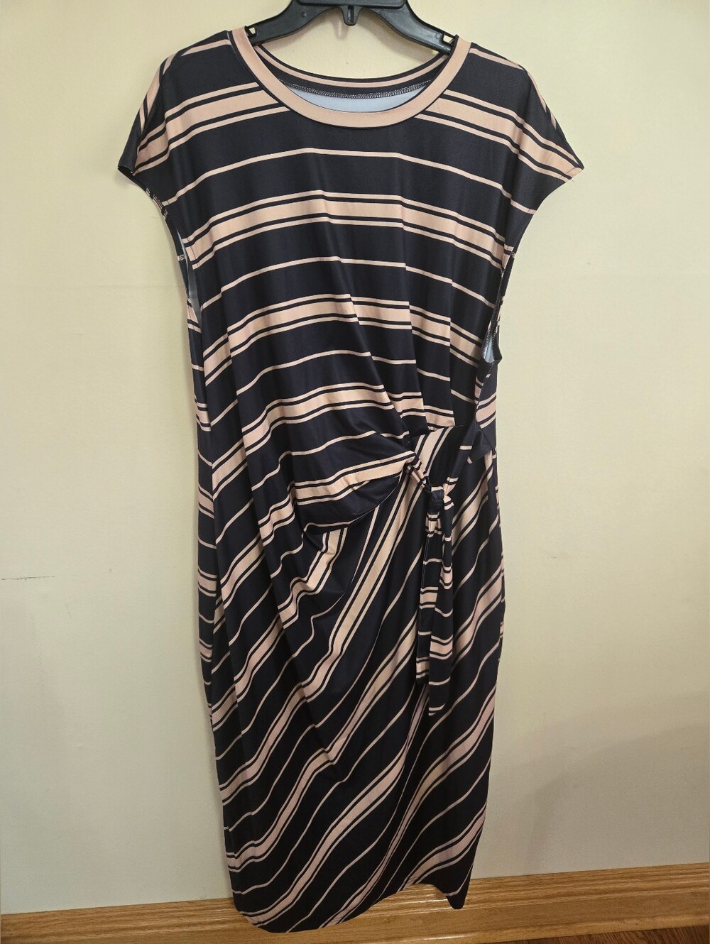 SHEIN Black and Blush Striped Side-Knot Midi Dress